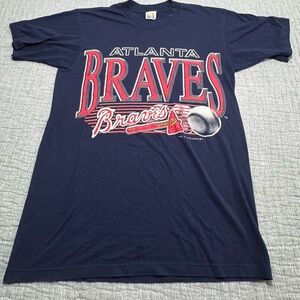 Vintage 1992 Atlanta Braves Single Stitch Graphic T-Shirt M‎ Navy Blue USA Made